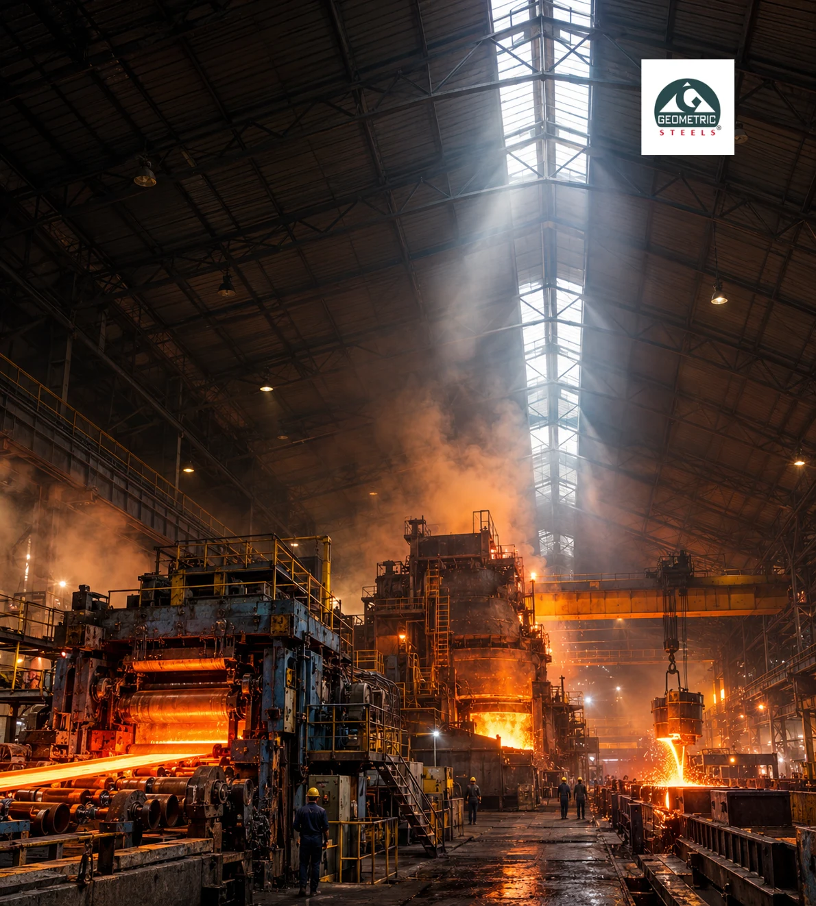 Factory interior with production machinery generating heat under a metal roof